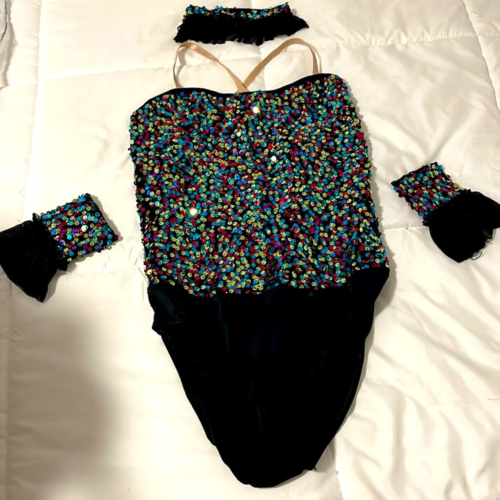 Weissman sequined leotard, neck and wrist bands. Medium adult